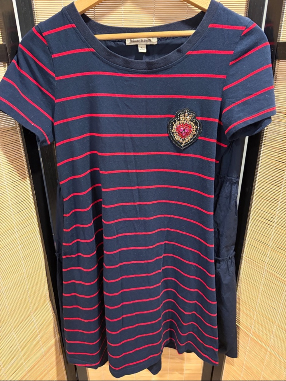 Johnny & Betty Navy & Red Short Sleeve Dress w Embellished Heart Patch